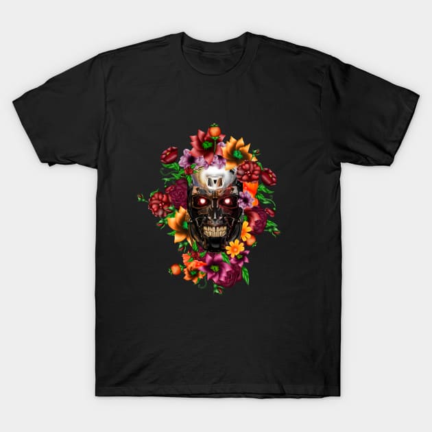 Sugar Chrome Skull Terminator Cyborg Head T-Shirt by Dezigner007